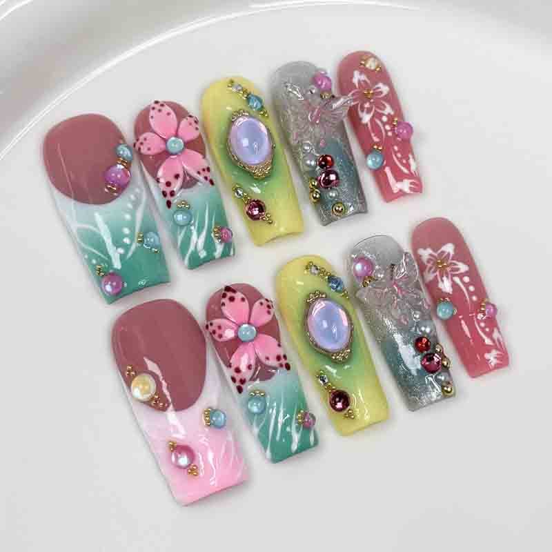 Reusable Summer Handmade Press On Nails Long Square Tropical Rainbow Flower Design