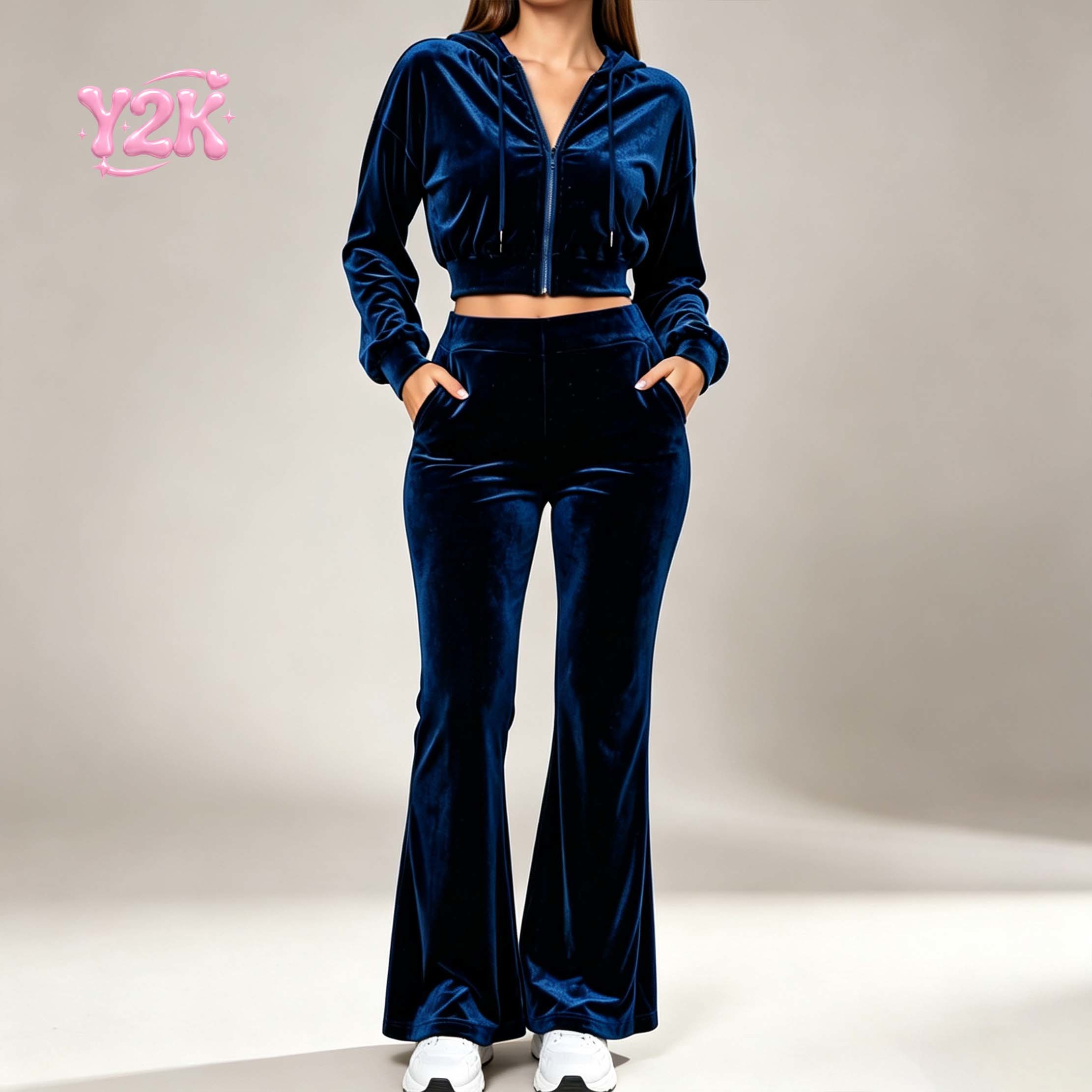 Custom Women's Cropped Velour Hoodie Flare Pants Tracksuit Set
