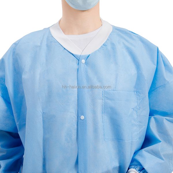 Soft Blue Medical Lab Coats Knitted Cuff Disposable Gown Protective Button Style Surgery Gown