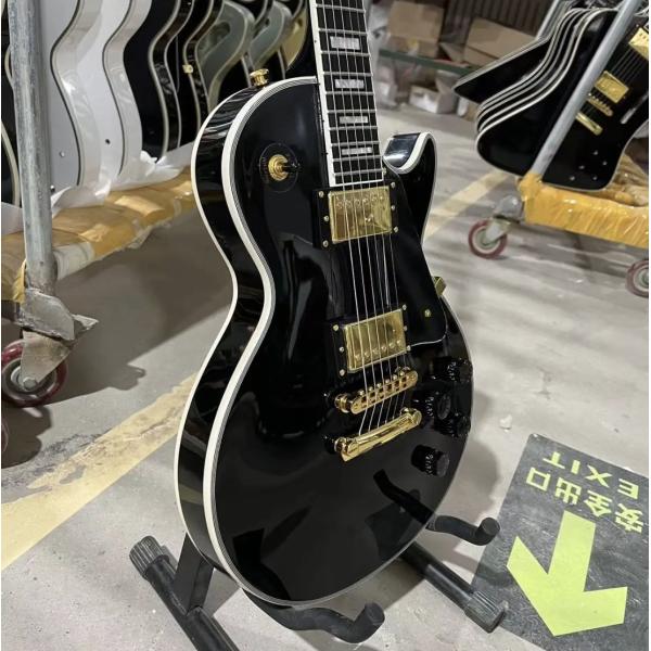 Custom GB Style LP Les Paul Electric Guitar, Mahogany Body, Ebony Fretboard, Black Color, Golden Hardware, Fret Binding