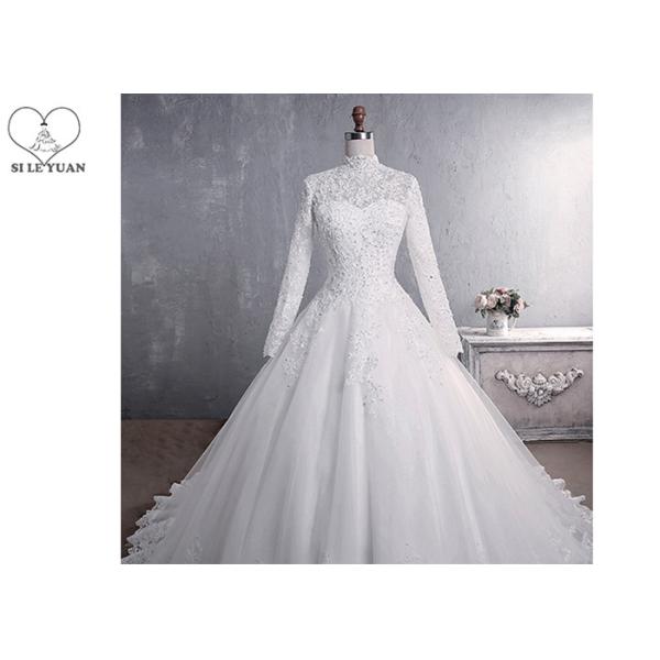 Pure White High Collar Beading Long Tail Bridal Gown / Long Sleeve Bridal Dresses