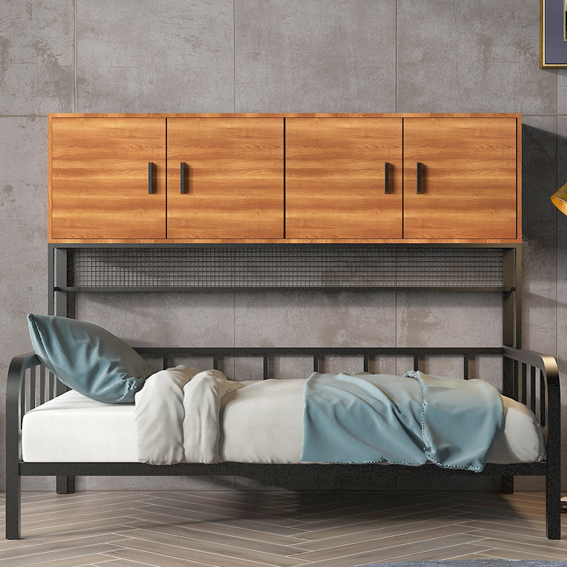 Kid's Single Dormitory Bed Loft Bunk Bed Sets with Wood Storage Boxes and Metal Frame