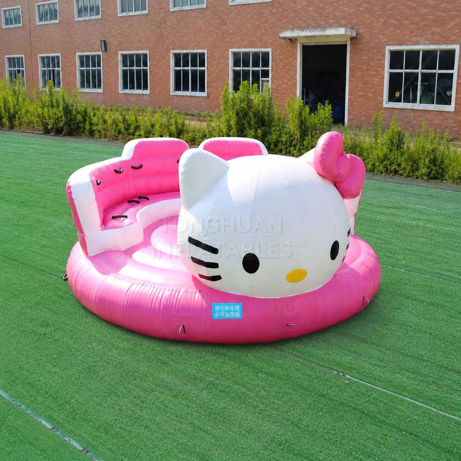 Custom Pink Cartoon Cat Inflatable Towable Boat with Multi Seat Layout Reinforced Handles and D-Rings for Resort Lake Water Sports Rentals