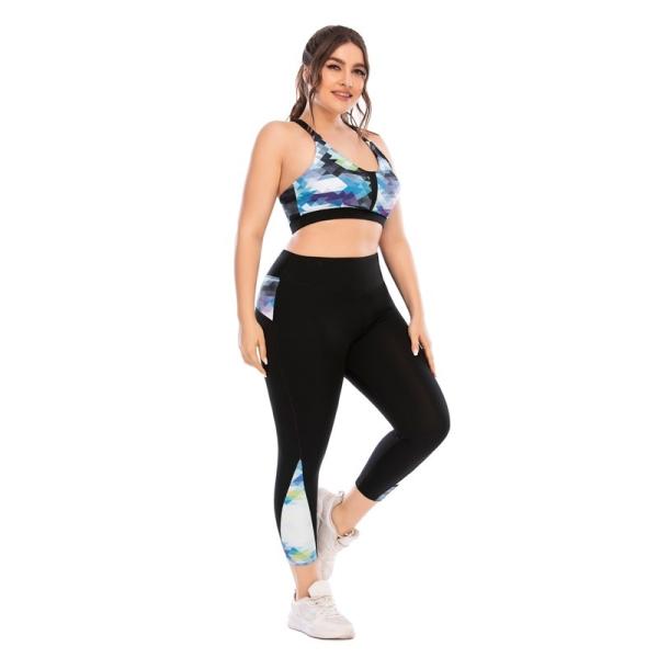Women Workout Sports Bra And Leggings Set Printed Pattern Plus Size Zipper Pocket
