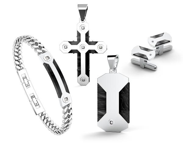 Man Stainless Steel Jewelry Set Pave Zircon Black Onyx Earrings Bracelet Necklace Set
