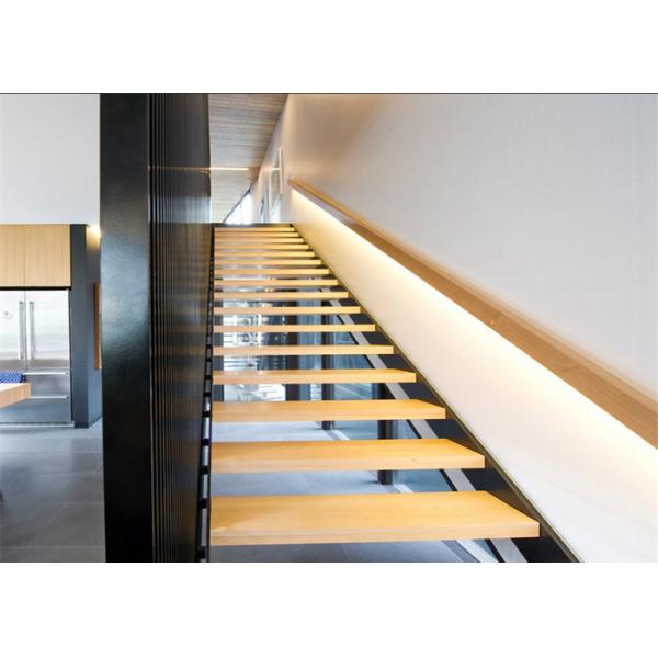 Straight modern wooden staircase with glass , Stainless Steel Railing
