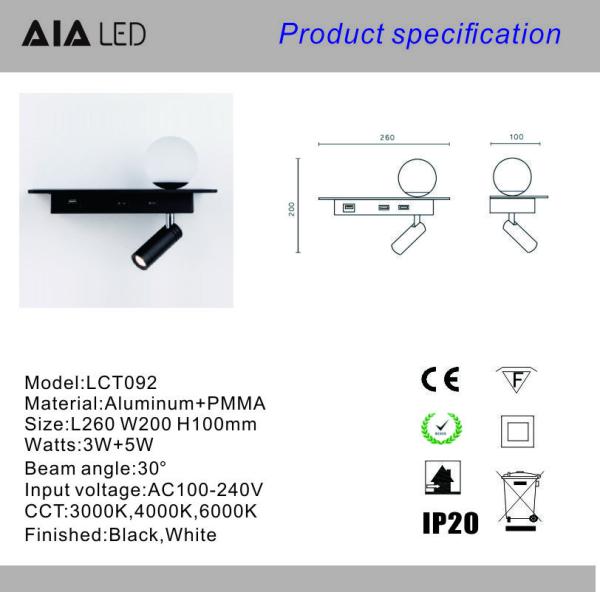 USB led reading light 3W beadboard wall lighting led bed lamp headboard acrylic ball light bedside wall lamp background