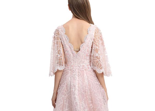 Custom Made Pink Half Sleeve Evening Gown With Hollow - Carved Design