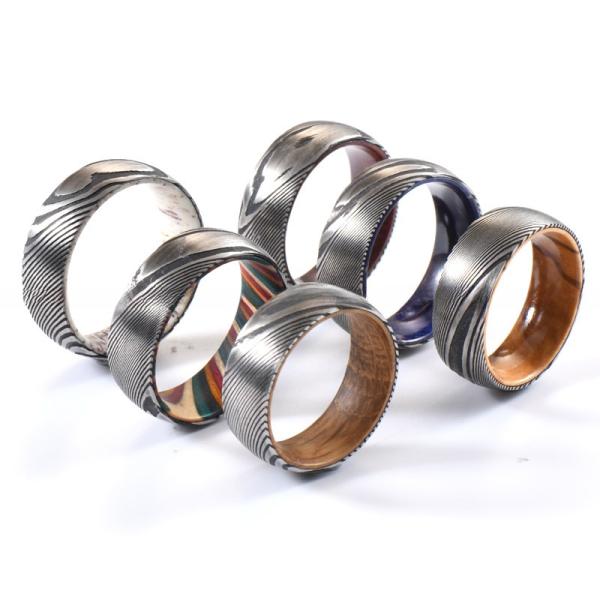Geometric 8mm Dome Latest Damascus Steel Ring With Whiskey Barrel Wood Sleeve Inlay For Wedding Engagement Men's Gift