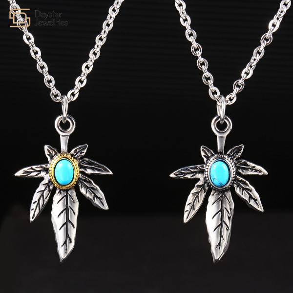 Ожерелье Goro Takahashi кленового листа привесного титана бирюзы стальное выгравировало