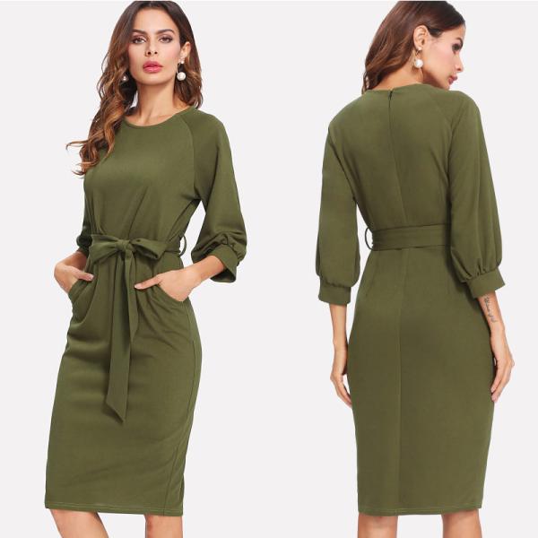 Women Pencil Work Dress Spandex Polyester Anti Wrinkle Breathable Round Neck Three Quarter Sleeve Office