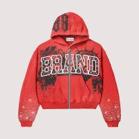 OEM Custom Hoodies Brand Streetwear Rhinestone Drop Shoulder Oversized Acid Wash Vintage Distressed Hoodie for Men