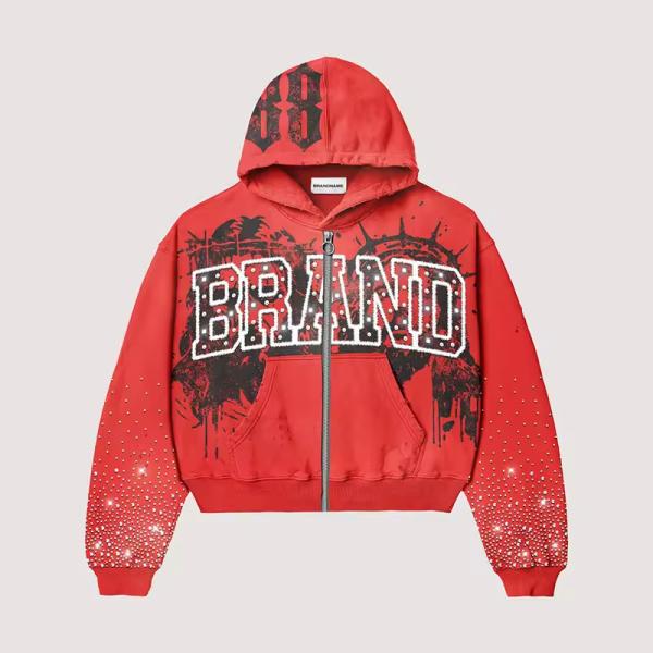 OEM Custom Hoodies Brand Streetwear Rhinestone Drop Shoulder Oversized Acid Wash Vintage Distressed Hoodie for Men