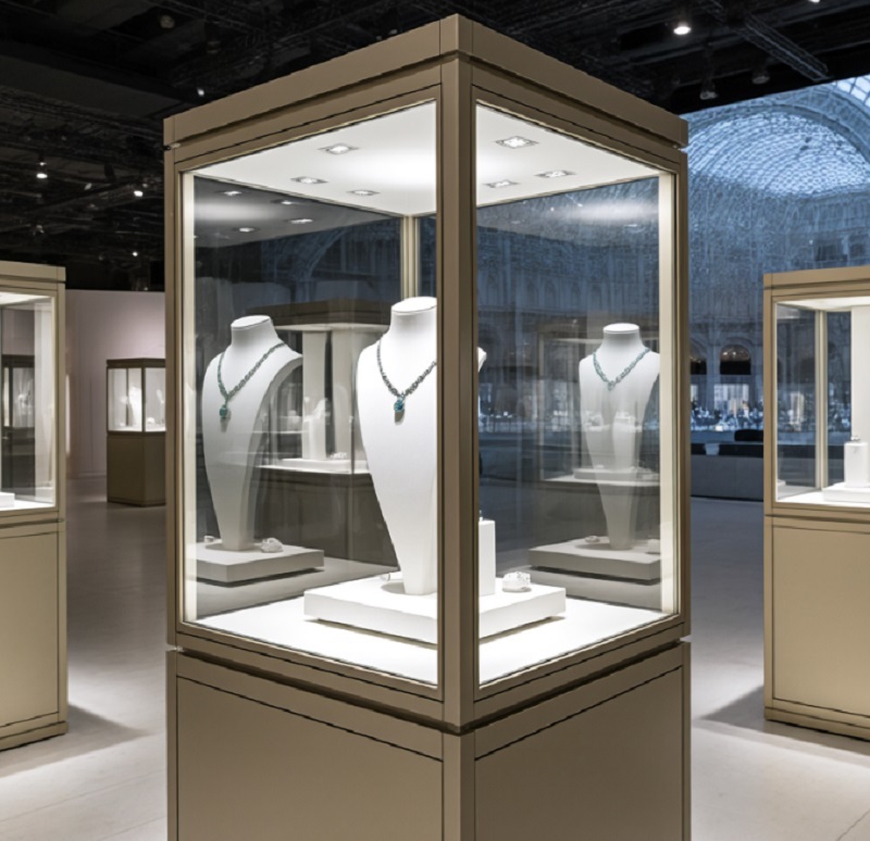 Luxury Champagne Gold Jewelry Display Cabinet with 360° Panoramic View and High CRI LED Lighting