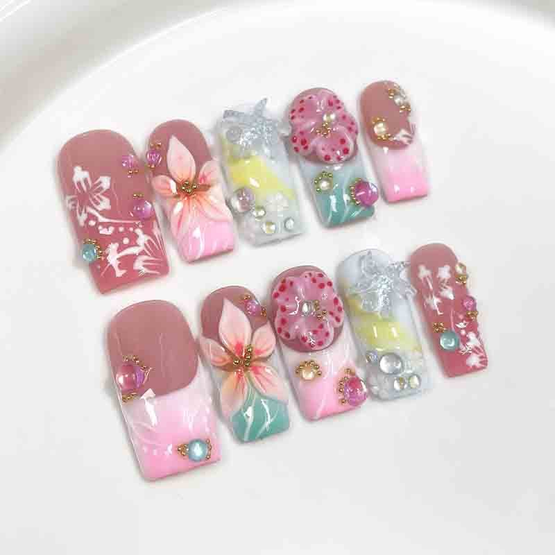 Long Square Nail Art Handmade Press On Nails Pink Gradient Plumeria Butterfly Design