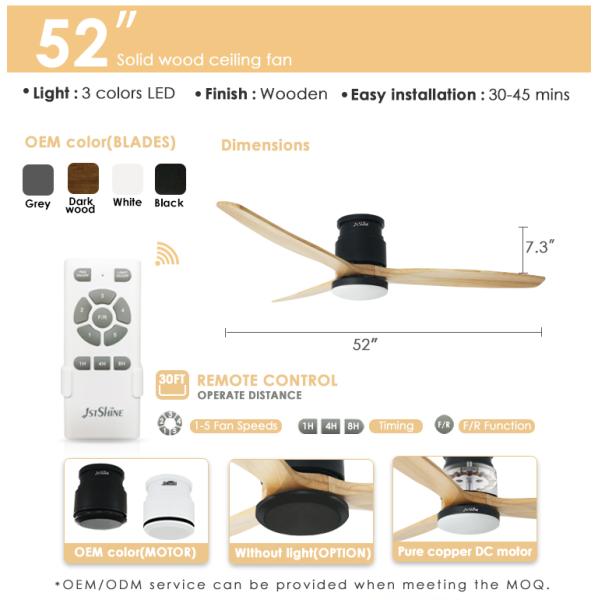 Led Ceiling Fan With Remote Control ,52 Inches Flush Mounting Quiet Dc Motor
