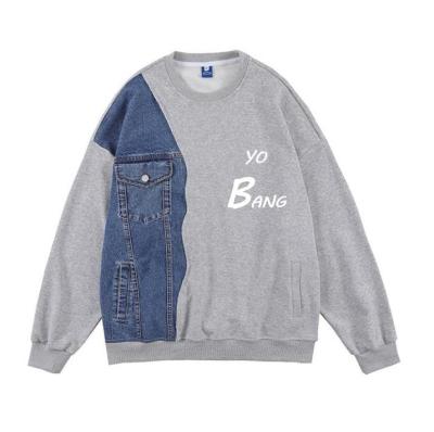 100% cotton fabrics Skate Clothes Denim Stitched Sweater Women'S Round Tie Pocket