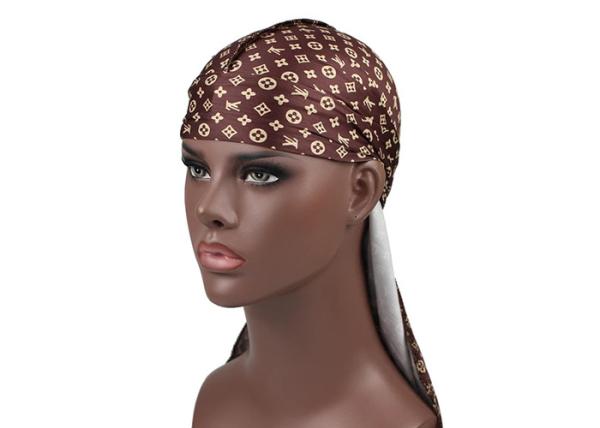 Small Print Brown LV Silk Silky Satin Designer Durag  Supplier Bulk Wholesale