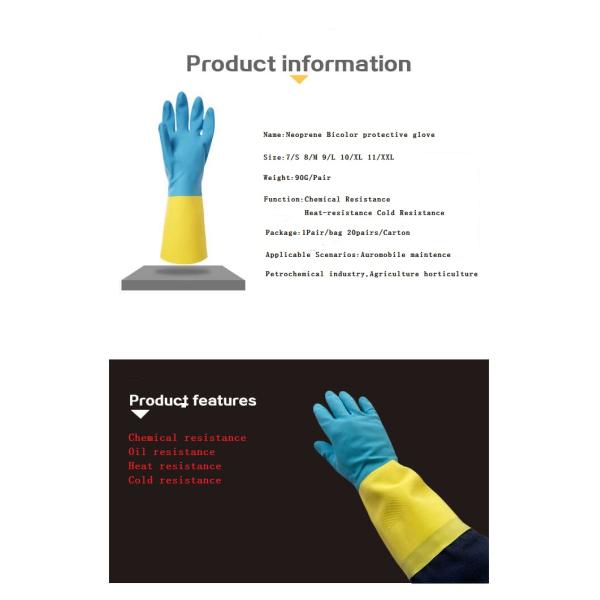 Anti Leakage Neoprene Bicolor Industrial Glove Blue Yellow Chemical Cut Resistant
