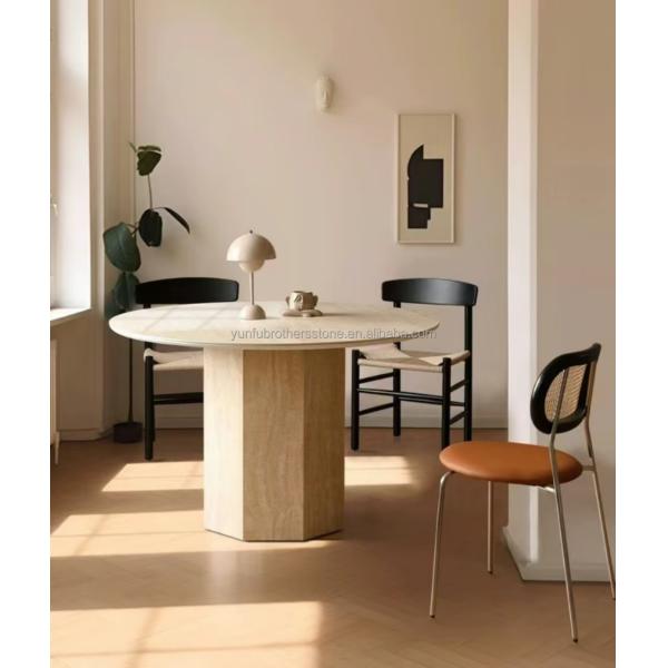 Polished Beige Round Travertine Dining Table Modern Stone Furniture for Living Room