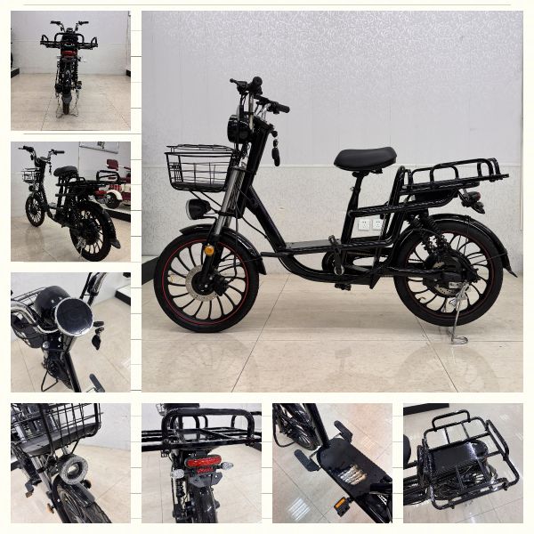 Bicicleta eléctrica de carga multifuncional de 2 ruedas con cestas delanteras y traseras, motor de cubo de 650W