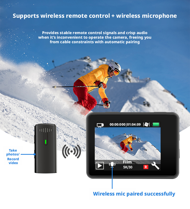 DLC Dual Screen 5K Sports Camera 30M Waterproof Wireless Remote Mic Car Dash Cam for Bicycle Motorcycle Diving Photography