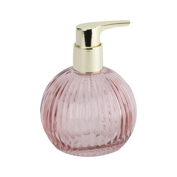 Conjunto de vidro rosa para banheiro com forma de abóbora, faixa vertical, distribuidor de loção de vidro, garrafa, acessórios de balcão para banheiro