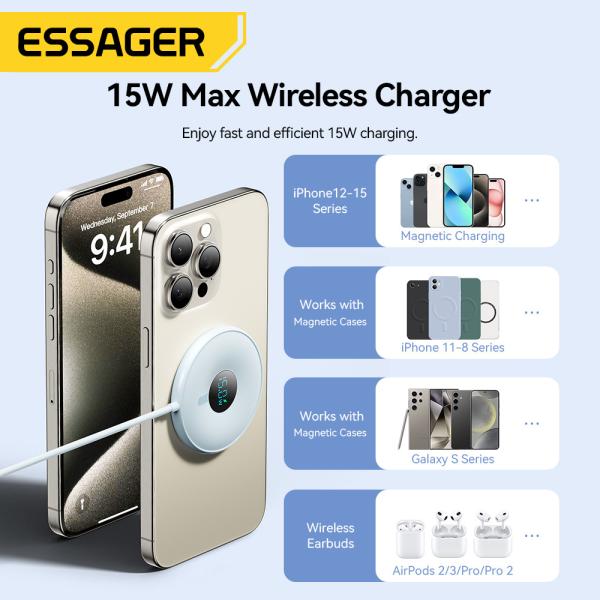 ESSAGER 15W Magnetic Phone Wireless Charger Digital Display ES-WC10