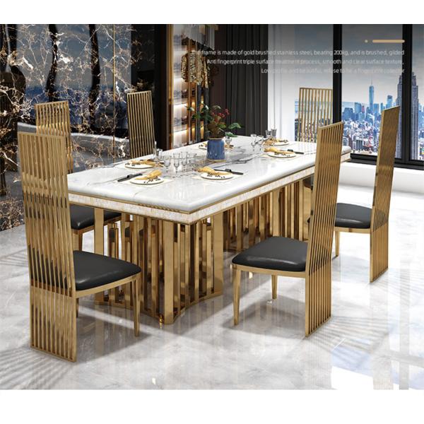 Chaises dinantes contemporaines de table de salle à manger de marbre d'effet et d'acier inoxydable des chaises 200cm