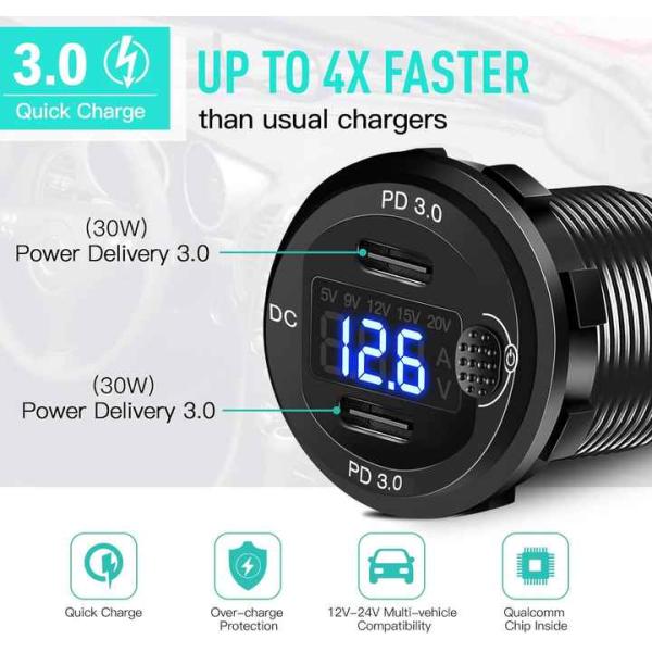 12V USB C cargador de automóvil de aluminio Promoción doble PD3.0 puertos integrados en el adaptador de toma