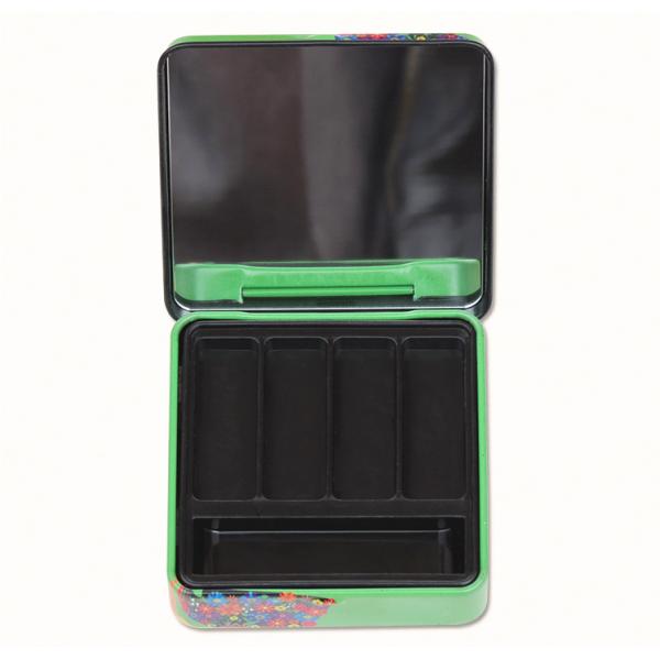 Square Rectangular Tin Box with hinged lid with plastic inner and mirror