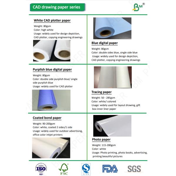 Wide Format 80gsm 20LB Cad Plotter Paper Roll 18'' 24'' 36'' X 500ft For Engineering Architectural Drawing