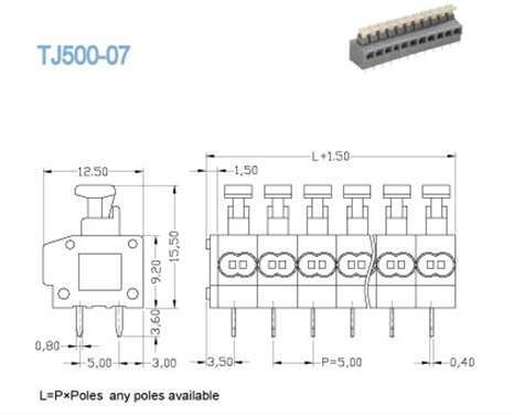 блоки весны PCB тангажа 5.00mm терминальные, 300V 10A 2P - блок стержней 24P Screwless