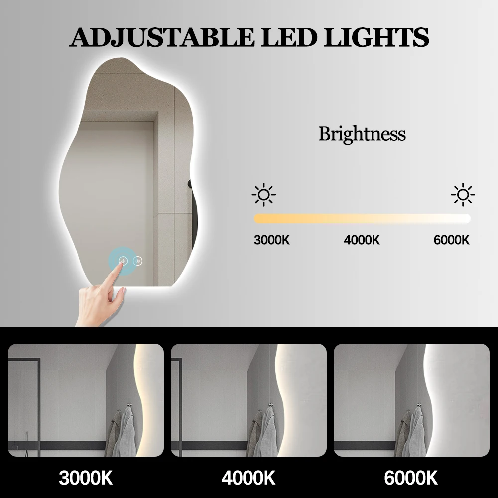 Large Wall Bathroom Mirror With Touch Light , Frameless Asymmetrical LED Mirror Waterproof