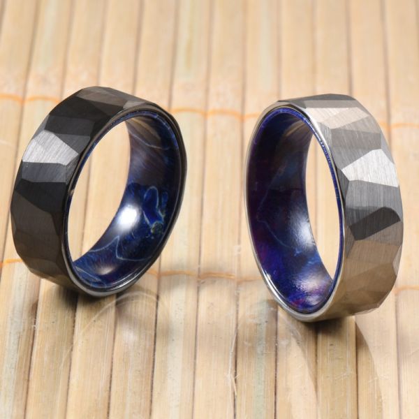 Blue Purple Box Elder Wood Inner Brushed Faceted Styles 8mm Classic Silver or Black Tungsten Ring for Men Wedding Bands