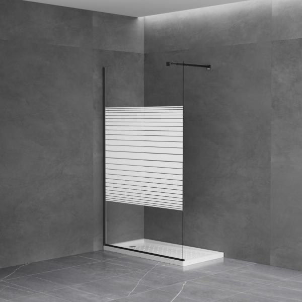 Walk in Black Shower Screen Printed Tempered Glass 6mm 8mm with Stainless Bar Accessory