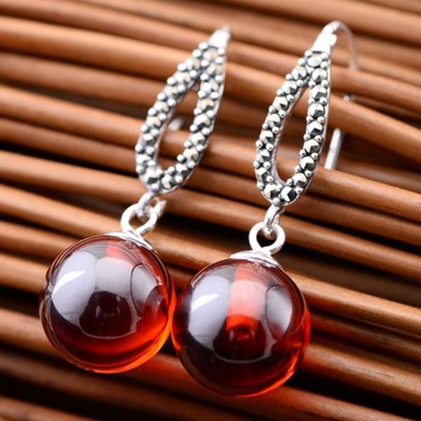 Thai Sterling Silver Marcasite Retro Earrings Synthetic Garnet Bead Drop Earring(053142)