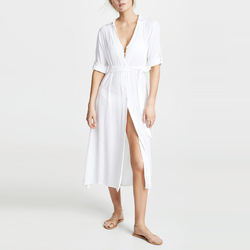                  Fashion Ladies Short Sleeve Crepe Viscose V Neck Shirt Cover up MIDI Dress for Women             