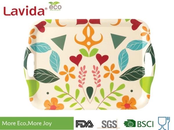 BSCI Audi Factory Bamboo Fiber Tray with side handles Bread Coffee Serving Tray Fruit Tray with food grade prints