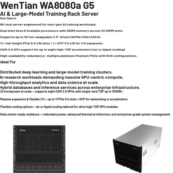 Lenovo WenTian WA8080a AI Rack Server with Intel Xeon 6 SP, 32 DDR5 6400MHz RDIMMs, and 11 PCIe 5.0 x16 Slots