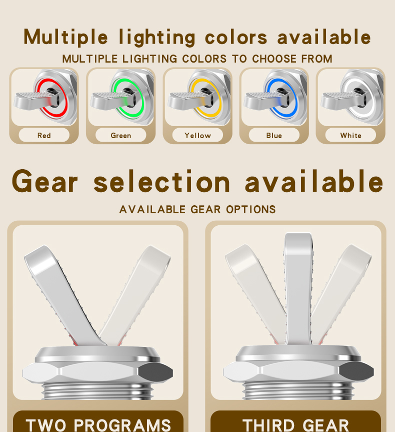 10A high-current rocker toggle switch with 2-speed and 3-speed self-locking, with light, metal, black with dual-color knob