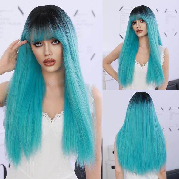 Fashion Long Straight Dark Root Hair Blue Synthetic Wigs For Women