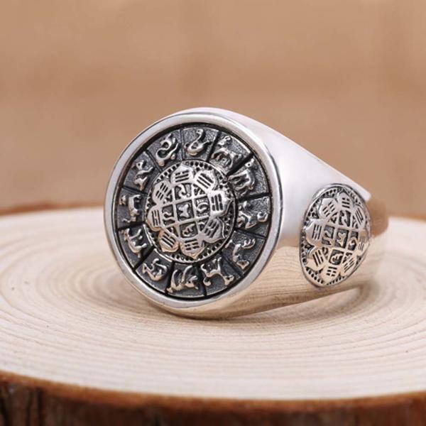 Men Sterling Silver Engraved Chinese Zodiac Retro 925 Silver Ring (059886S)