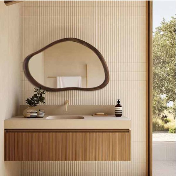Wall Mounted Asymmetrical Walnut Wood Framed Bathroom Mirror Rustic Farmhouse Decor Mirror for Bedroom Living Room Entryway