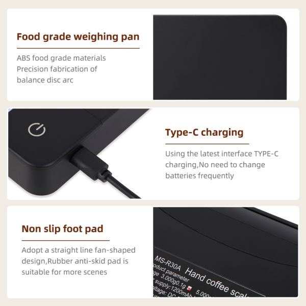 Digital Kitchen Scale with Type-C Charging Integrated Touch Screen Timer and Waterproof Design for Coffee and Food Measurement