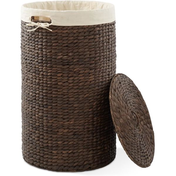 Round Laundry Hamper With Lid And Removable Liner Bag - Natural, Woven Water Hyacinth Wicker Laundry Basket For Clothes And Towels