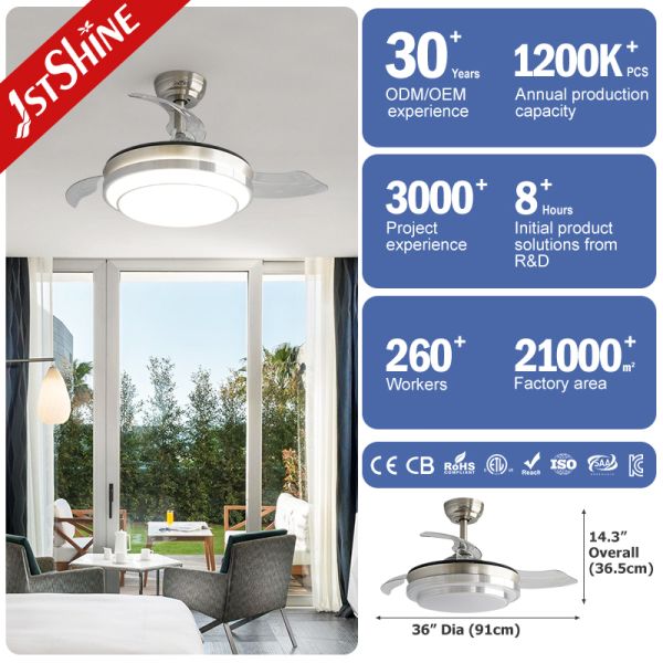 36 Inches Sand Nickel Retractable Ceiling Fan With LED Light And DC Motor For Bedroom