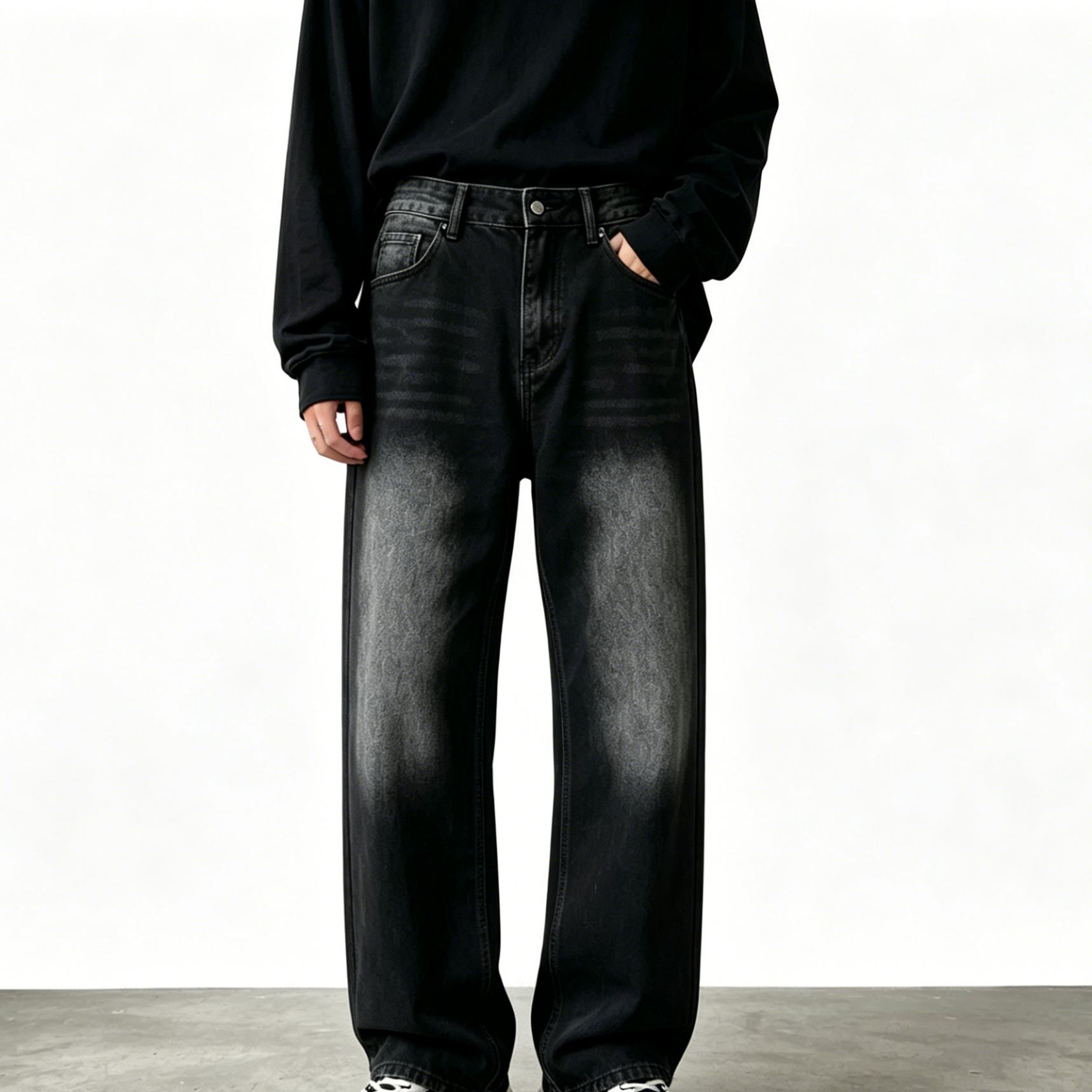Washed Straight Denim Pants Elastic Back Washed Denim Pants Black Blue