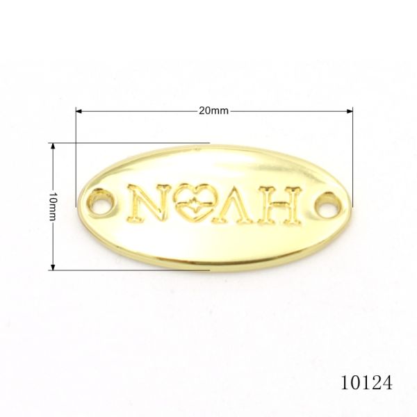 Custom Embossed Oval Two-Hole Metal Logo Tag | Gold Plated Garment & Leather Hardware