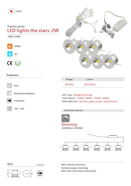 2W LED Spotlight + Dimming Power Supply+ Wire Kit Recessed LED Cabinet Spotlight light